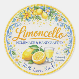Pegatina Redonda Limoncello casero amarillo y azul a la acuarela