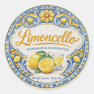 Pegatina Redonda Limoncello casero amarillo y azul a la acuarela