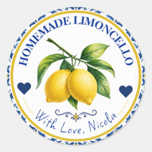 Pegatina Redonda Limoncello Casero Amarillo y Azul Acuarela