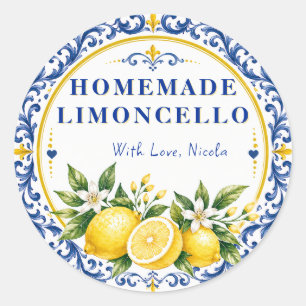 Pegatina Redonda Limoncello Casero Amarillo y Azul Acuarela
