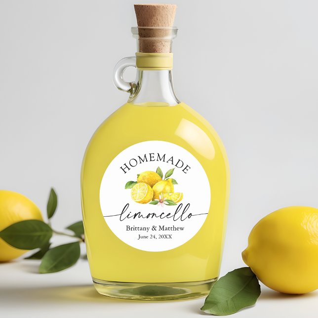 Pegatina Redonda Limoncello casero caligrafía acuarela lemones (Customize to change your personalized text size or text style.)