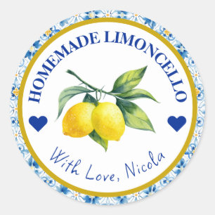 Pegatina Redonda Limoncello casero de acuarela amarillo y azul