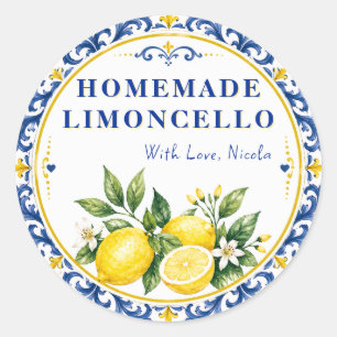 Pegatina Redonda Limoncello casero de acuarela amarillo y azul