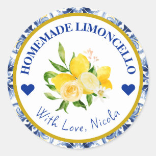 Pegatina Redonda Limoncello casero de acuarela amarillo y azul