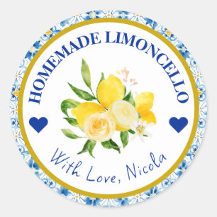 Pegatina Redonda Limoncello casero de acuarela amarillo y azul