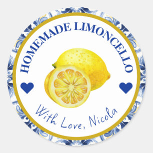 Pegatina Redonda Limoncello casero de acuarela amarillo y azul