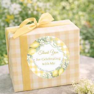 Pegatina Redonda Limones amarillo gingham Baby Shower Gracias