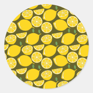 Pegatina Redonda Limones Amarillos y Patrón Verde Oliva: Citrus Mod