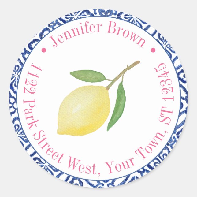 Pegatina Redonda Limones Capri Rosa Azul Baldosa Regreso Dirección  (Anverso)