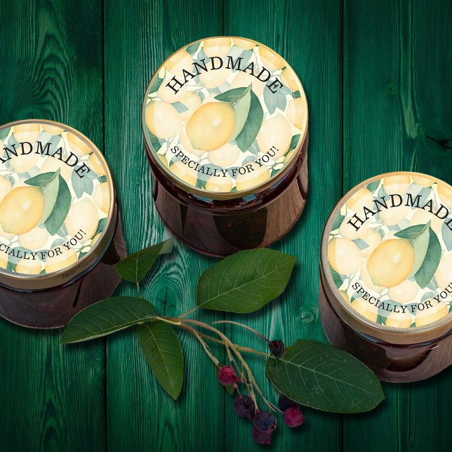 Pegatina Redonda Limones Citrus HECHOS A MANO para Ti (HANDMADE for You round stickers on a citrus lemon background)