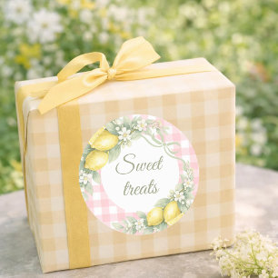 Pegatina Redonda Limones gingham rosa dulces regalos de fiesta