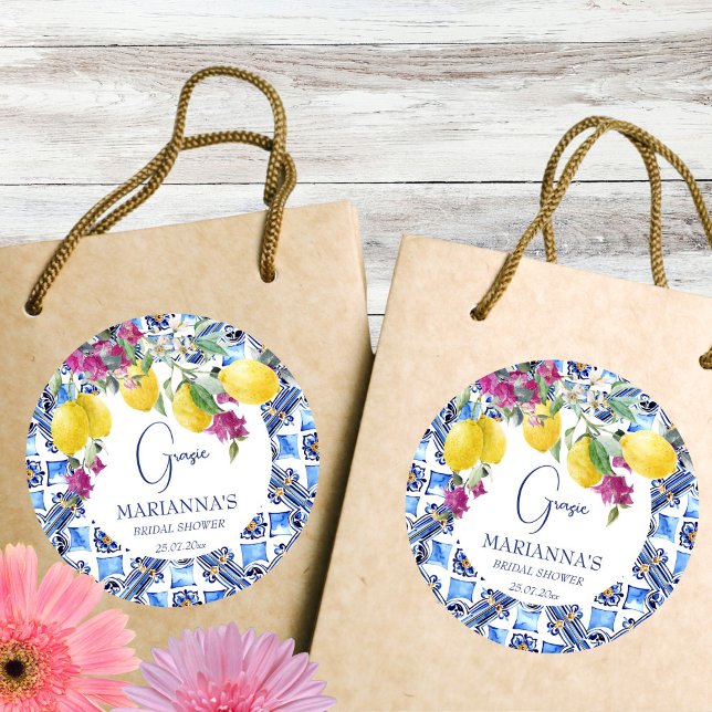 Pegatina Redonda Limones italianos bugainvilla favor de despedida d (That's Amore Vintage Italian tile lemons bougainvillea bridal shower thank you favor printed sticker)