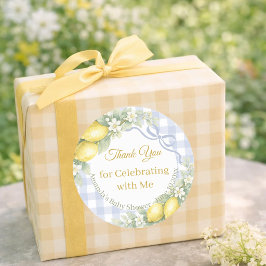Pegatina Redonda Limones niño azul gingham Baby Shower Gracias