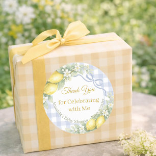 Pegatina Redonda Limones niño azul gingham Baby Shower Gracias