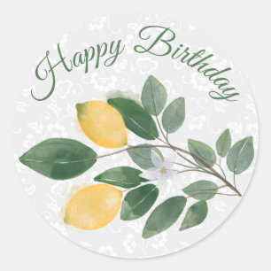 Pegatina Redonda Limones sicilianas acuarela Feliz Cumpleaños