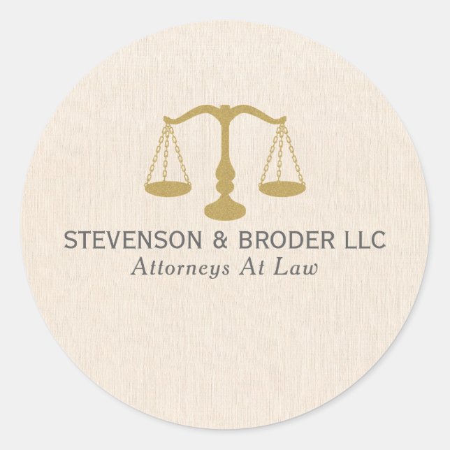 Pegatina Redonda Linaje Beige Textura y Escala de Justicia Oro (Anverso)