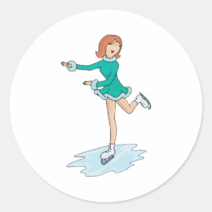 Pegatina Redonda linda chica de dibujos animados patinaje sobre hie