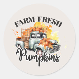 Pegatina Redonda linda granja fresca calabazas camión viejo