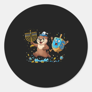 Pegatina Redonda Linda Menorah Dreidel de Nutria Divertida Hanukkah