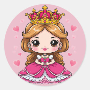 Pegatina Redonda Linda princesa de dibujos animados con vestido ros