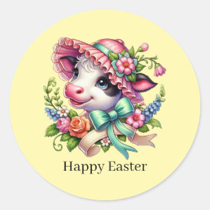 Pegatina Redonda Linda vaca de Pascua feliz