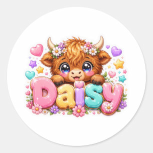 Pegatina Redonda Linda Vaca Highland Kawaii Daisy Nombre Rosa Paste
