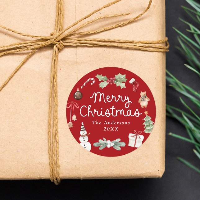 Pegatina Redonda Lindas Ilustraciones de Acuarela Rojo Feliz Navida (Subido por el creador)