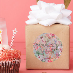 Pegatina Redonda Lindas rosas florales con la cita "Cree en TI mism