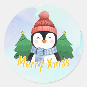 Pegatina Redonda Lindo animal pingüino acuarela azul Navidad alegre