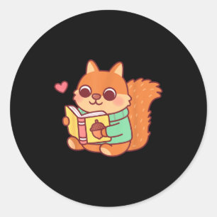 Pegatina Redonda Lindo ardilla leyendo un libro amantes anime kawai