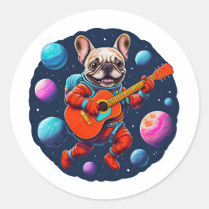 Pegatina Redonda Lindo astronauta de Bulldog Francés tocando Guitar
