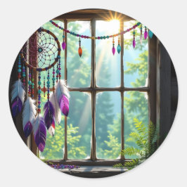 Pegatina Redonda Lindo atrapasueños boho púrpura en la ventana