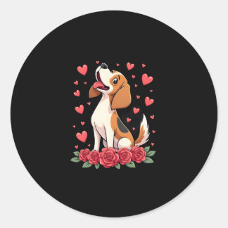 Pegatina Redonda Lindo Beagle con Corazones de Rosas Rojas Florales