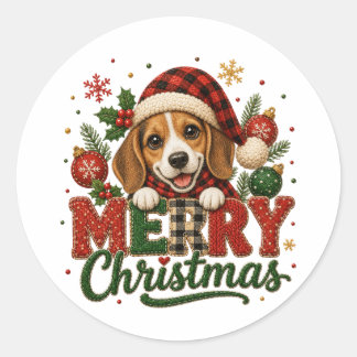 Pegatina Redonda Lindo Beagle Feliz Navidad