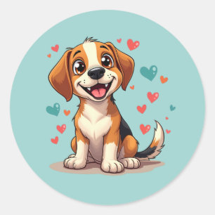 Pegatina Redonda Lindo Beagle Kawaii con Corazones Perro Juguetón