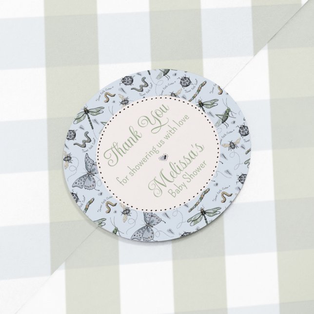 Pegatina Redonda Lindo Blue Baby Insect & Gingham Pattern Gracias (Cute boho hand-drawn insects party favor Thank You sticker for baby boy Shower in blue & sage green)