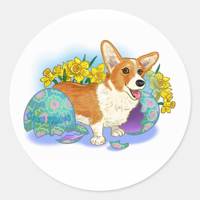 Pegatina Redonda Lindo Corgi de Pascua (Anverso)