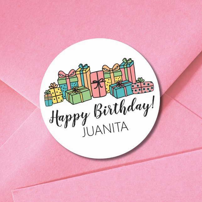Pegatina Redonda Lindo Cumpleaños Feliz Moderno Colorido (Modern Classic Presents Colorful Happy Birthday Classic Round Sticker)