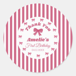 Pegatina Redonda Lindo Cumpleaños Uno Lazo Rosa Tierno