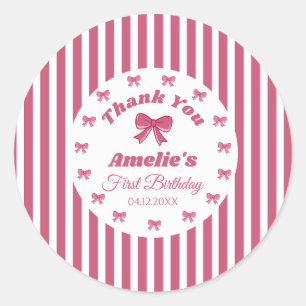 Pegatina Redonda Lindo Cumpleaños Uno Lazo Rosa Tierno