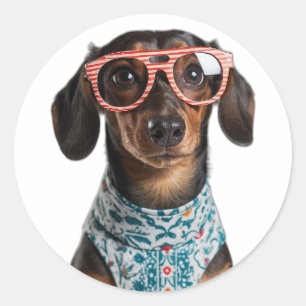Pegatina Redonda Lindo Dachshund Pequeño Con Gafas Rojas