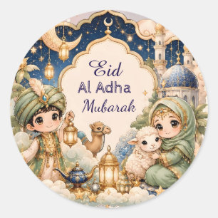 Pegatina Redonda Lindo Eid Al Adha Mubarak caprichoso niños musulma