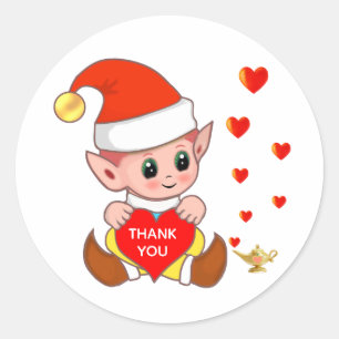 Pegatina Redonda Lindo elfo con corazones de amor Gracias