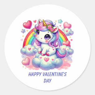 Pegatina Redonda Lindo feliz día de San Valentín unicornio