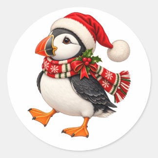 Pegatina Redonda Lindo frailecillo de Navidad Santa Pájaro festivo