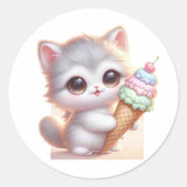 Pegatina Redonda lindo gatito con helado