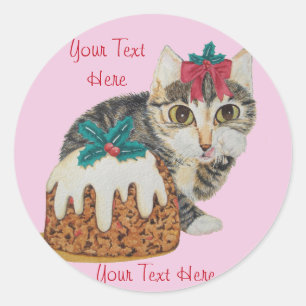 Pegatina Redonda lindo gatito grisáceo gato con navidades de la pro