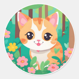 Pegatina Redonda lindo gato de anime con flores