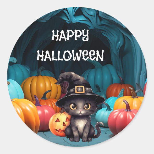Pegatina Redonda lindo gato negro linterna de calabaza de Halloween (Anverso)