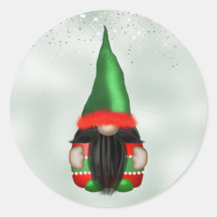 Pegatina Redonda Lindo gnomo rojo verde plata brillo Navidad
